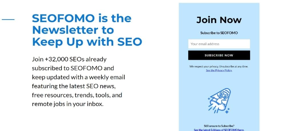 The SEOFOMO newsletter subscription page