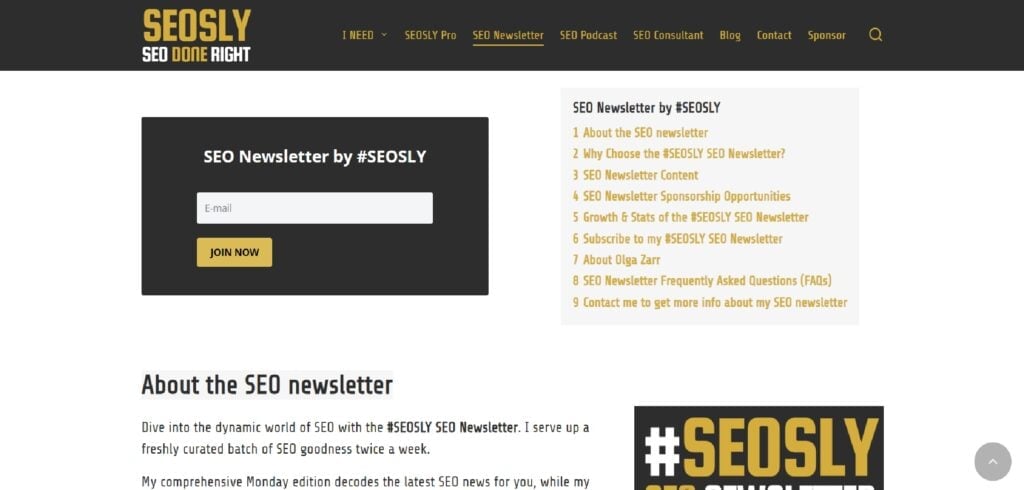 The #SEOSLY SEO Newsletter subscription page
