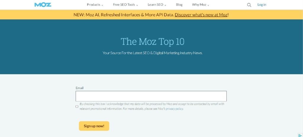 The Moz Top 10 newsletter subscription page