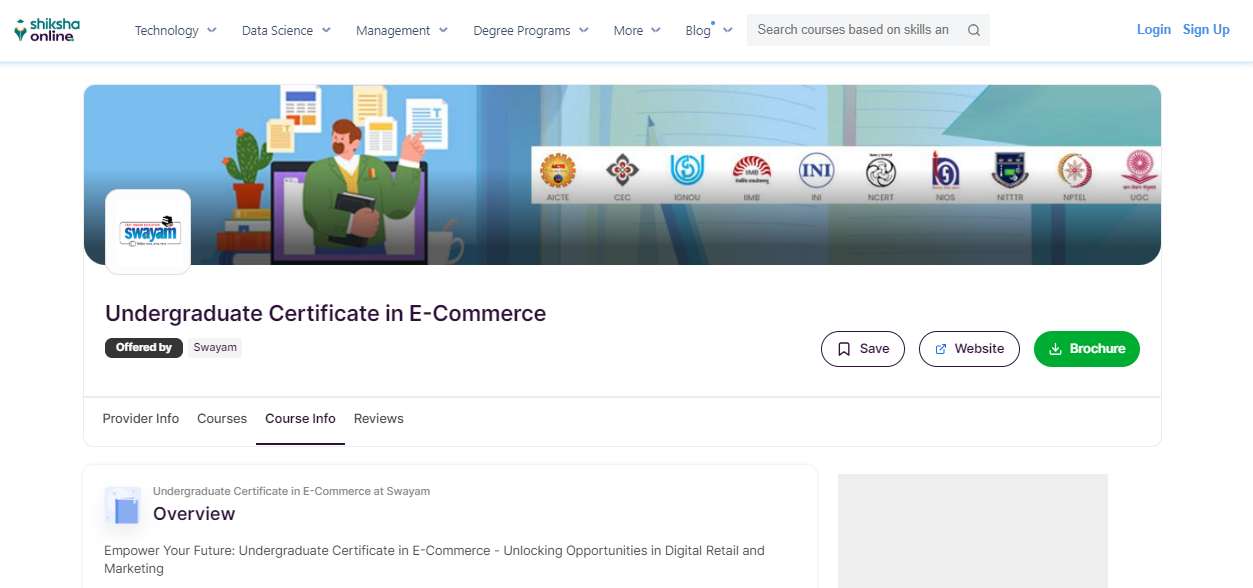 Screenshot of the landing page for the Undergraduate Certificate in E-commerce
