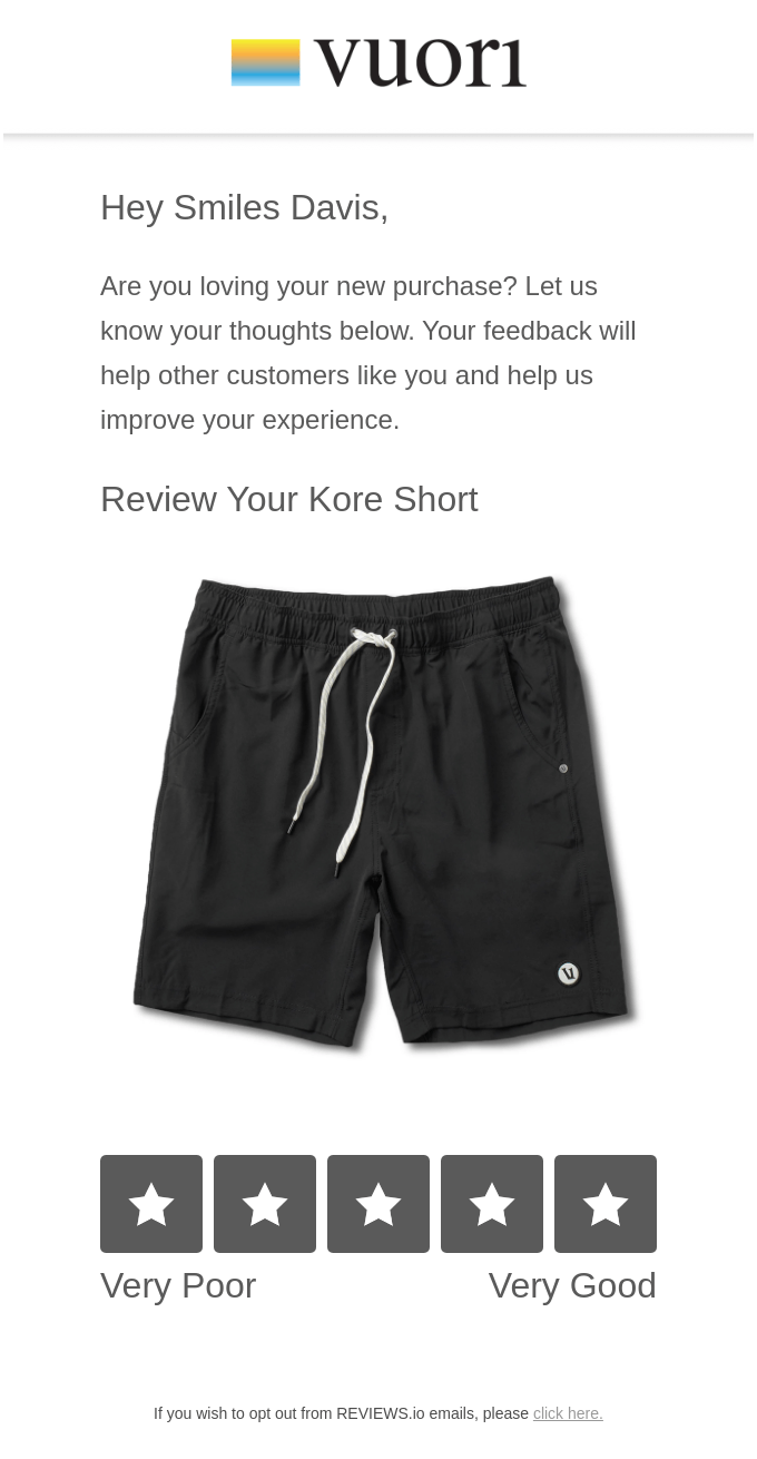 vuori review request email campaign example