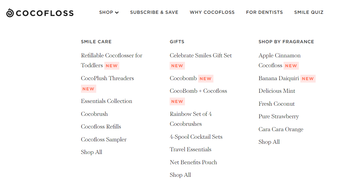 cocofloss top navigation screenshot