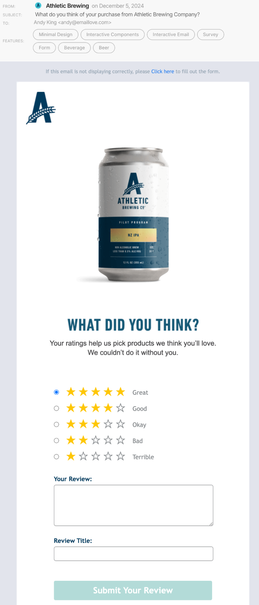 Athletic Brewing feedback and review request email screenshot