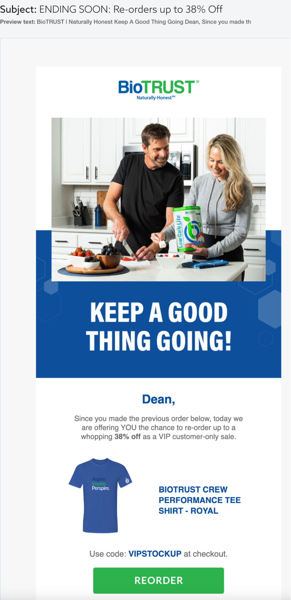 BioTrust reorder emails with a discount screenshot