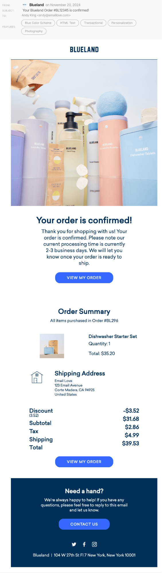 Blueland Order confirmation emails screenshot