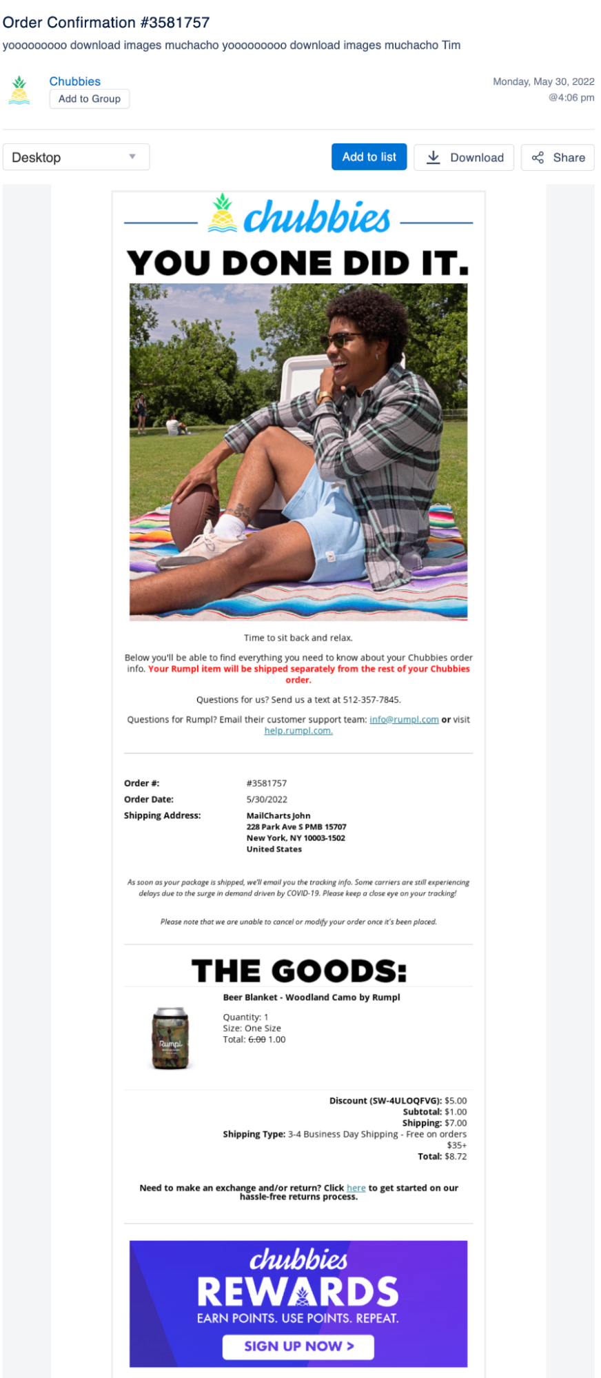 Chubbies Order confirmation emails screenshot
