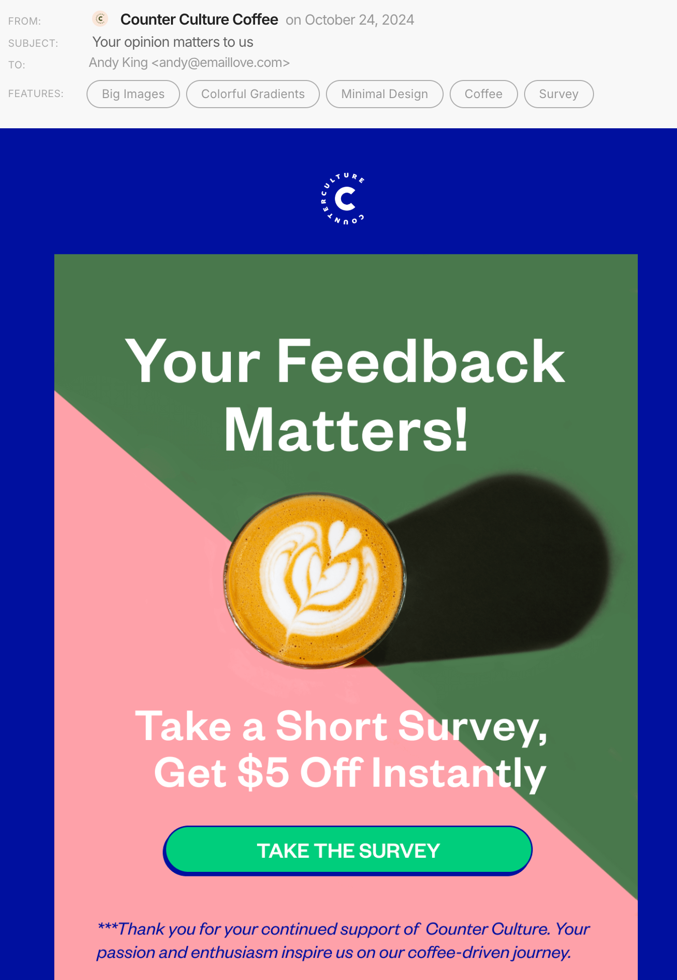 Counter Culture Coffee feedback and review request email