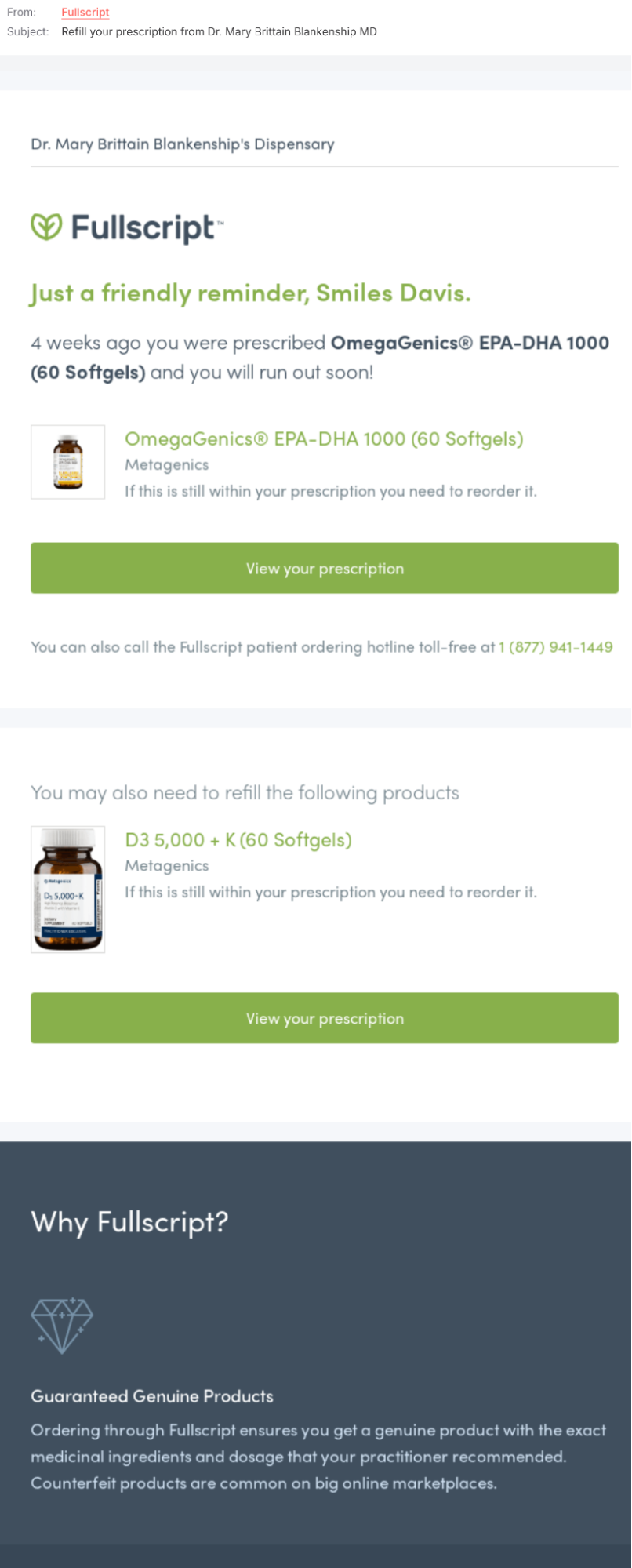 Fullscript reorder and subscription emails screenshot