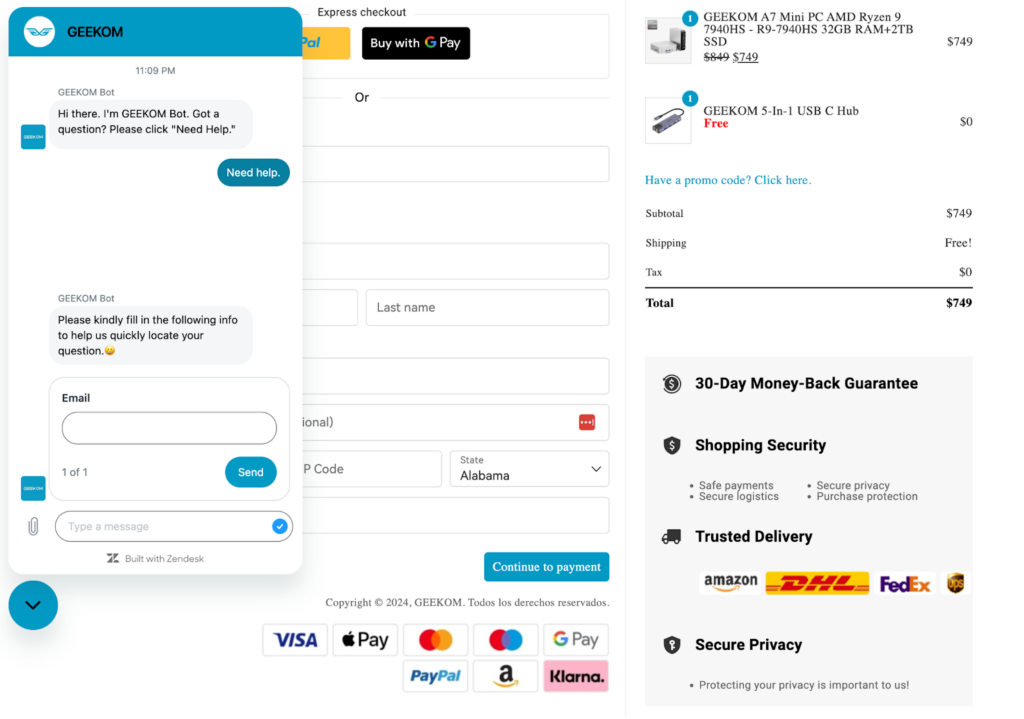 GEEKOM PC FAQs chatbot screenshot
