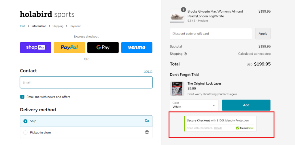Holabird Sports checkout section screenshot