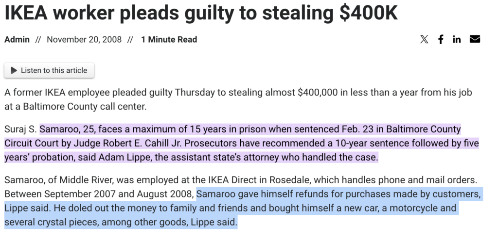 Inventory shrinkage screenshot ikea worker stole 400k story
