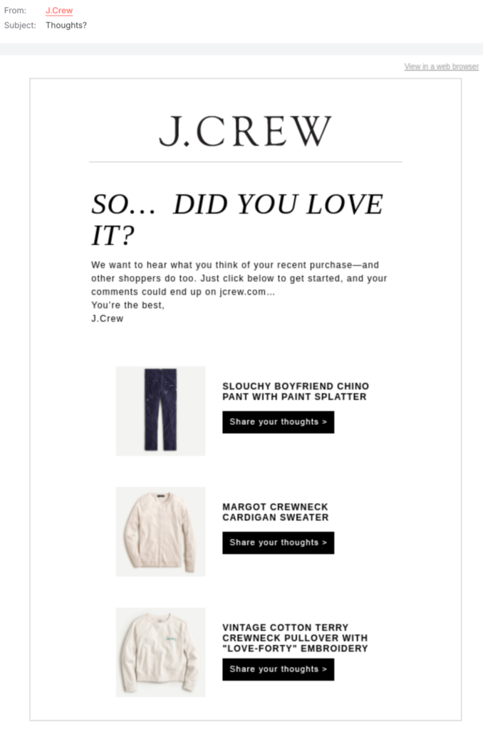 J. Crew feedback and review request email screenshot