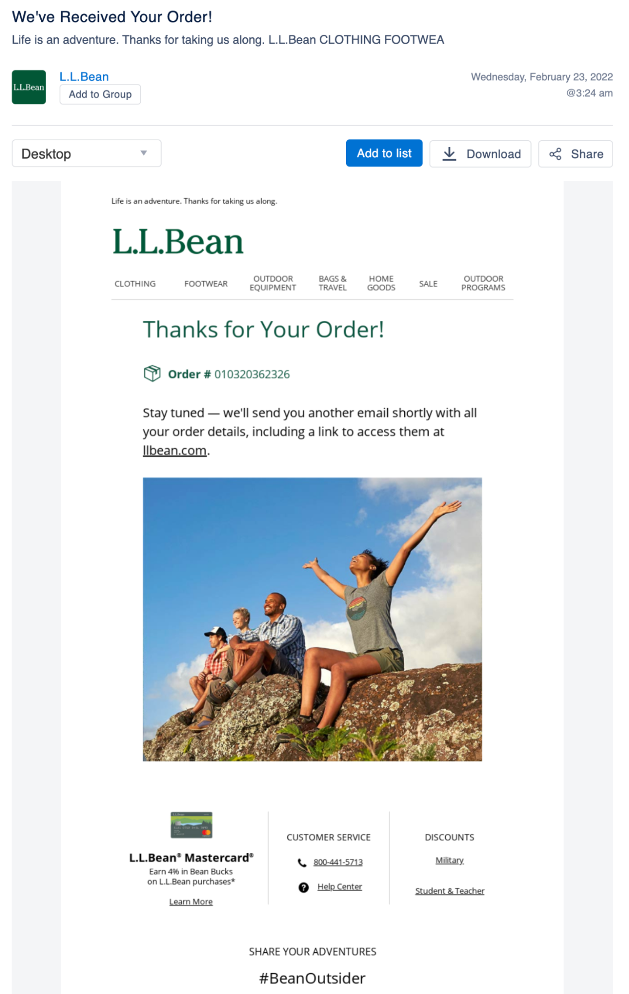 L.L. Bean’s thank you email screenshot