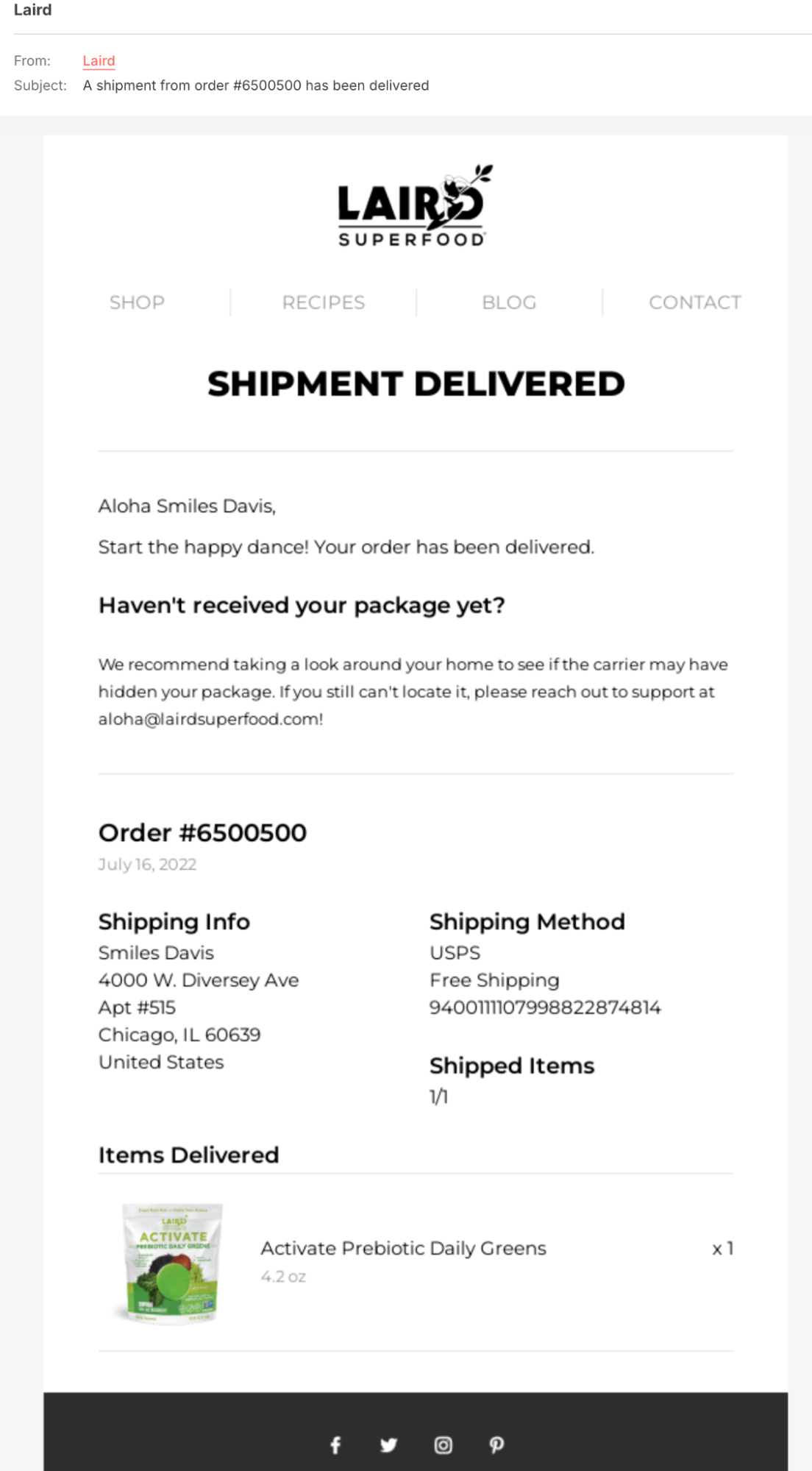 Laird Superfood shipping notification emails screenshot