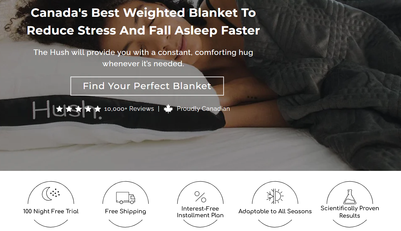 hush blankets homepage with badges screenshot