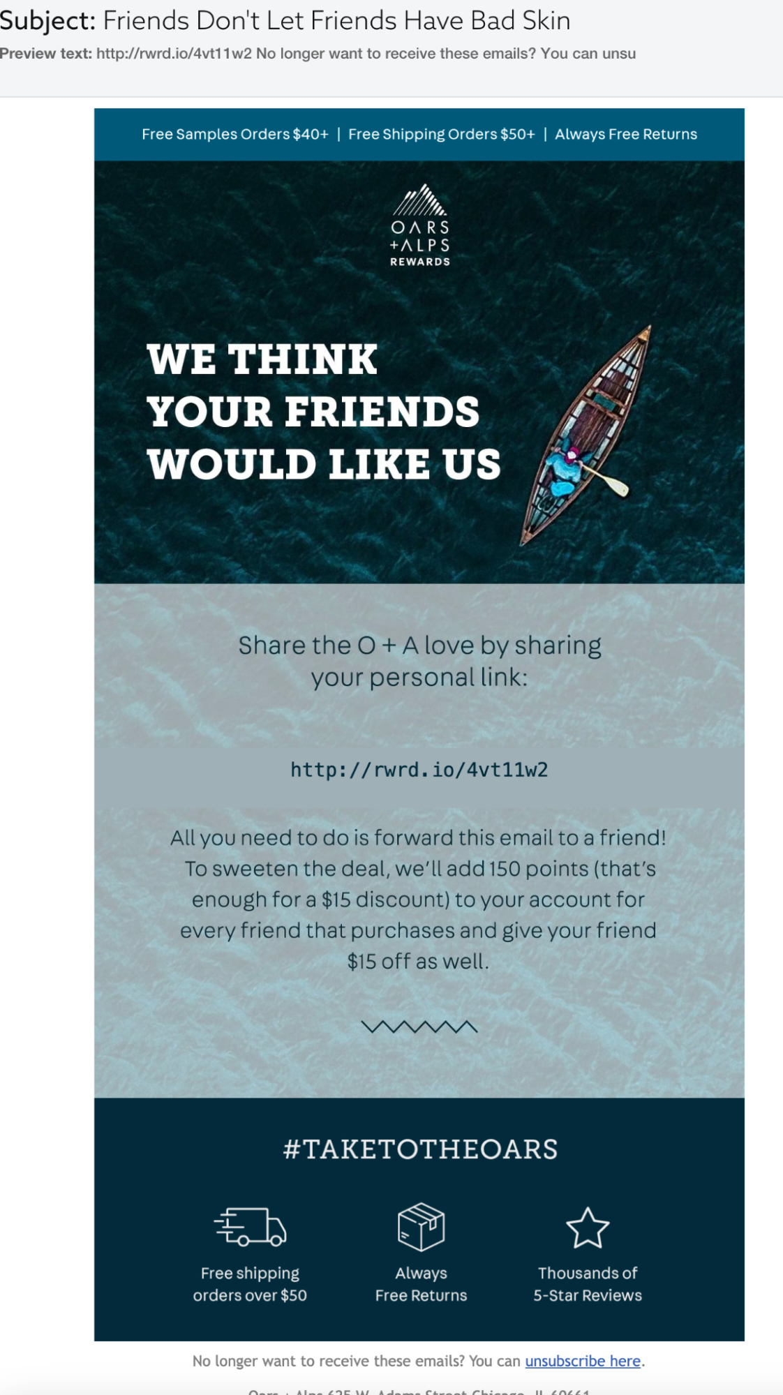 Oars + Alps referral request email screenshot