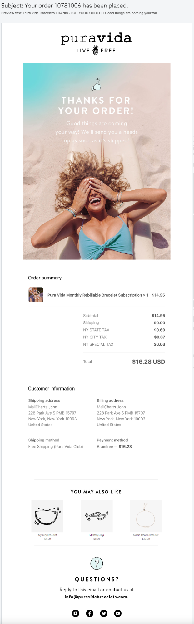 Pura Vida’s order confirmation email screenshot