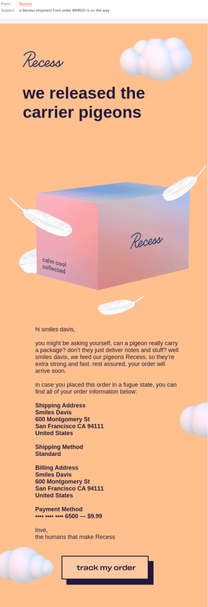 Recess' shipping notification emails screenshot