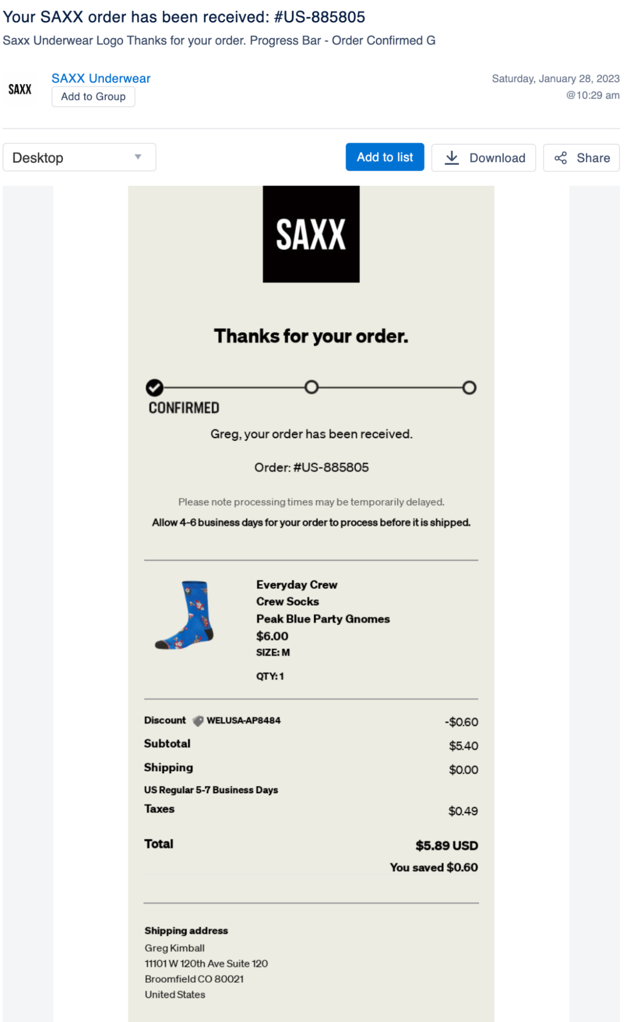 Saxx’s order confirmation email screenshot