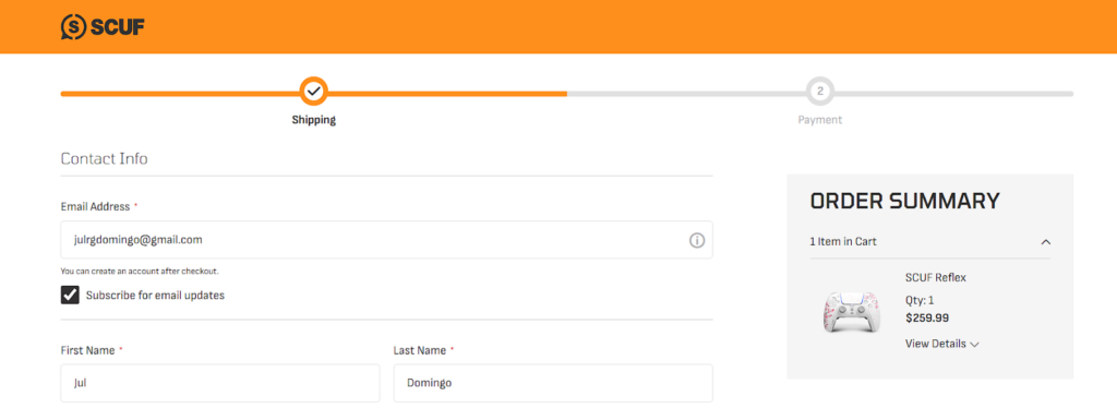 Scuf Gaming’s 2-step checkout process screenshot