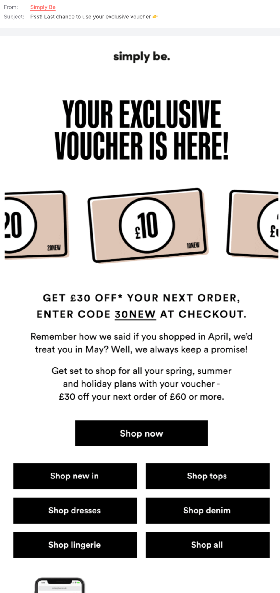 Simply Be win-back emails screenshot