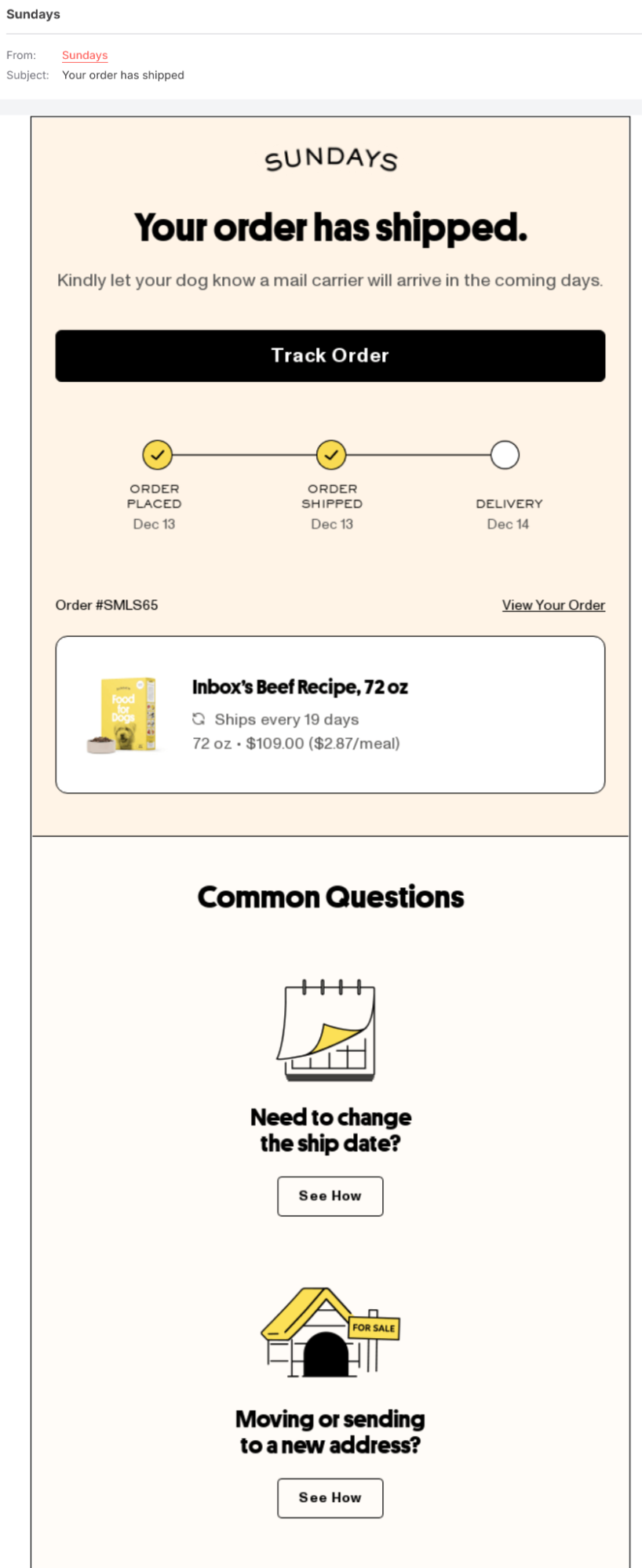 Sundays shipping notification emails screenshot