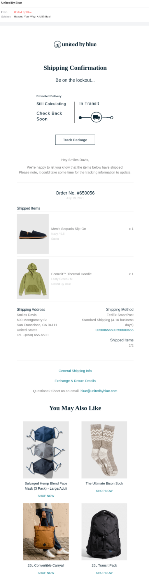 United By Blue shipping notification emails screenshot