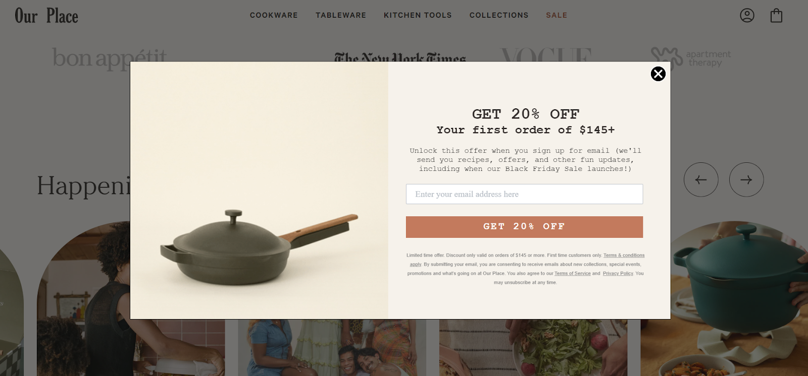 our place newsletter pop up screenshot