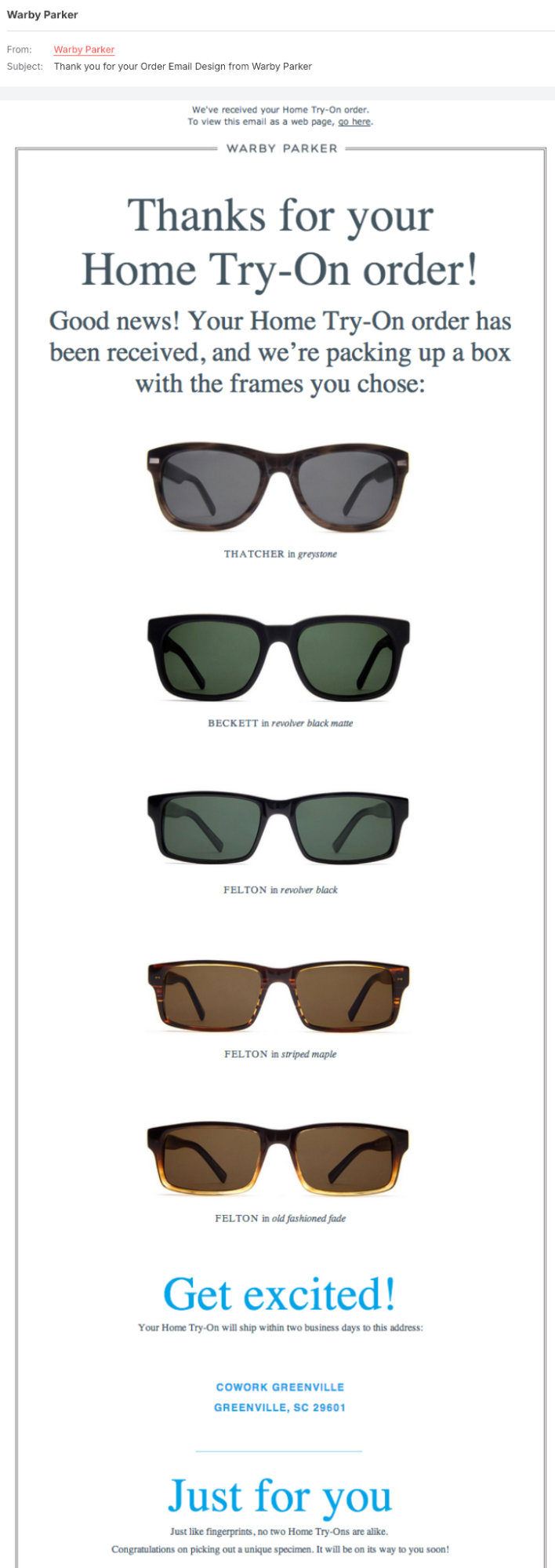 Warby Parker’s thank-you email screenshot