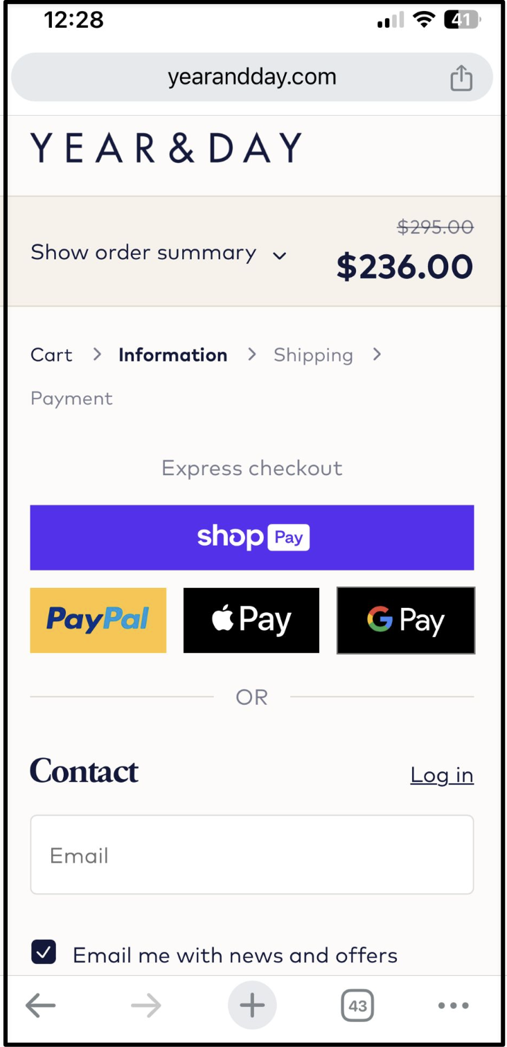 Year & Day mobile checkout screenshot