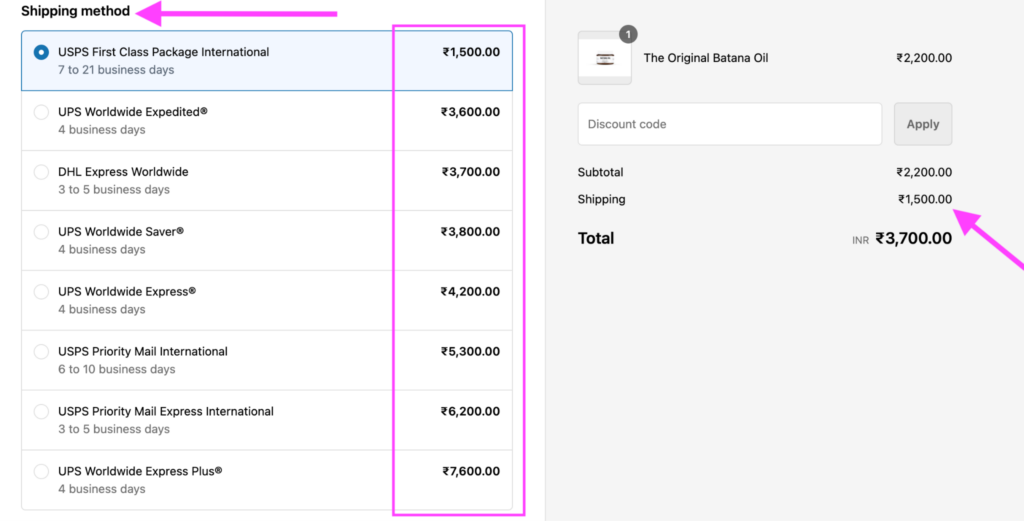 batana babe shipping options screenshot