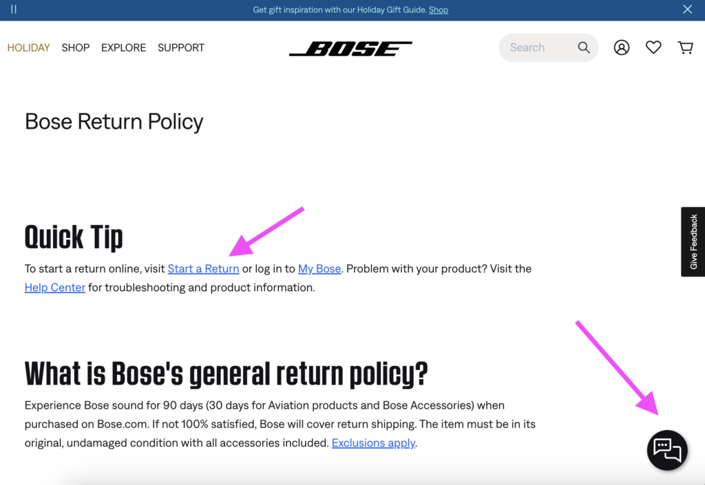 bose return policy screenshot