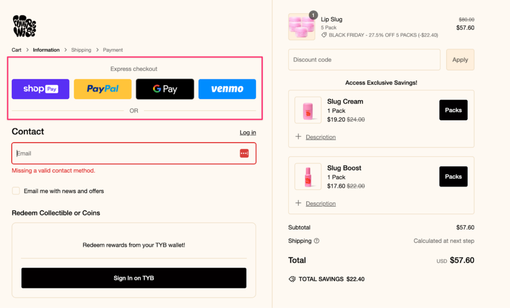 express checkout section screenshot