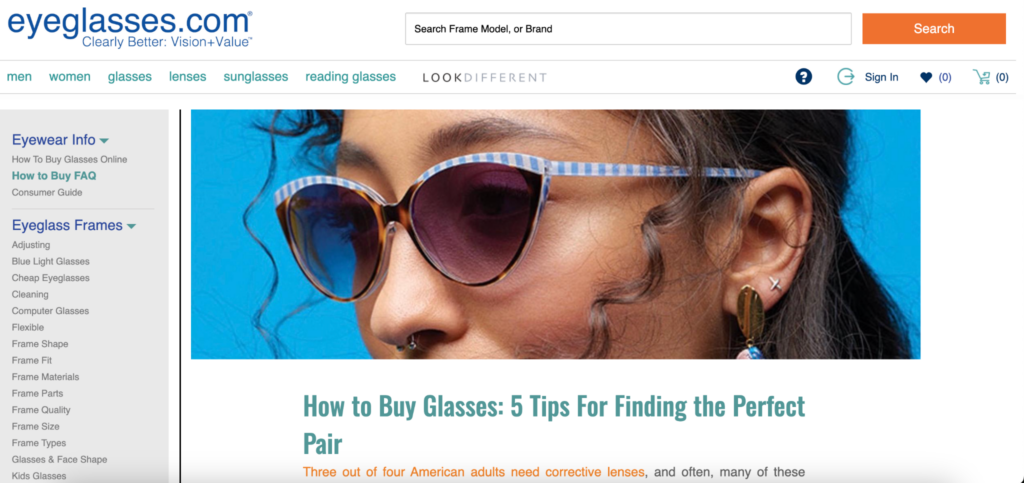eyeglasses.com website page screenshot