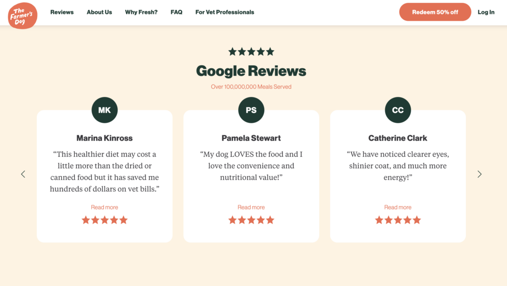 ecommerce customer experience features reviews from veterinarians screenshot