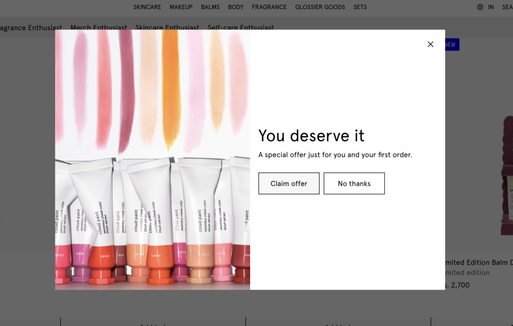 glossier exit intent popup screenshot