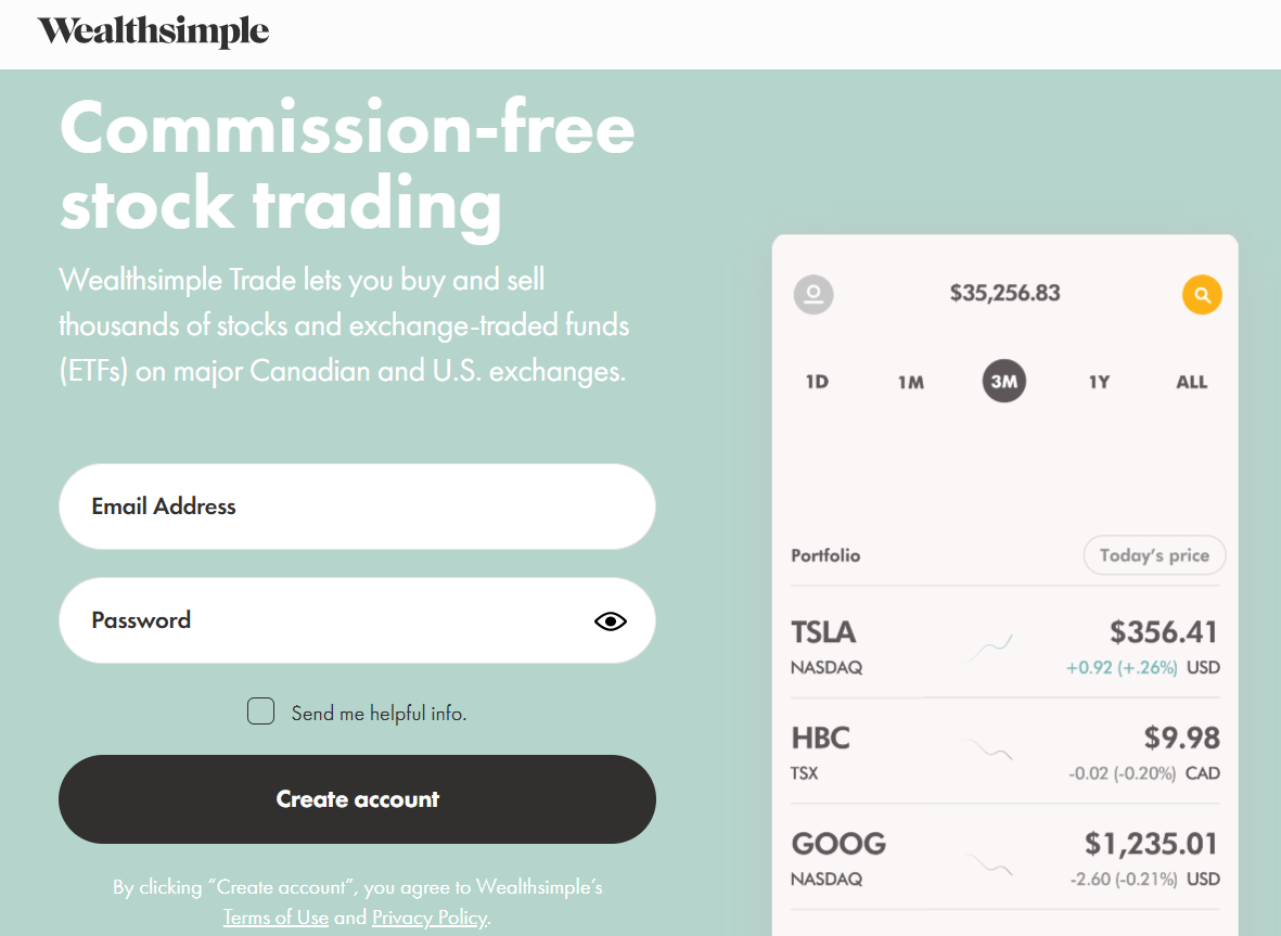 wealthsimple landing page with form screenshot