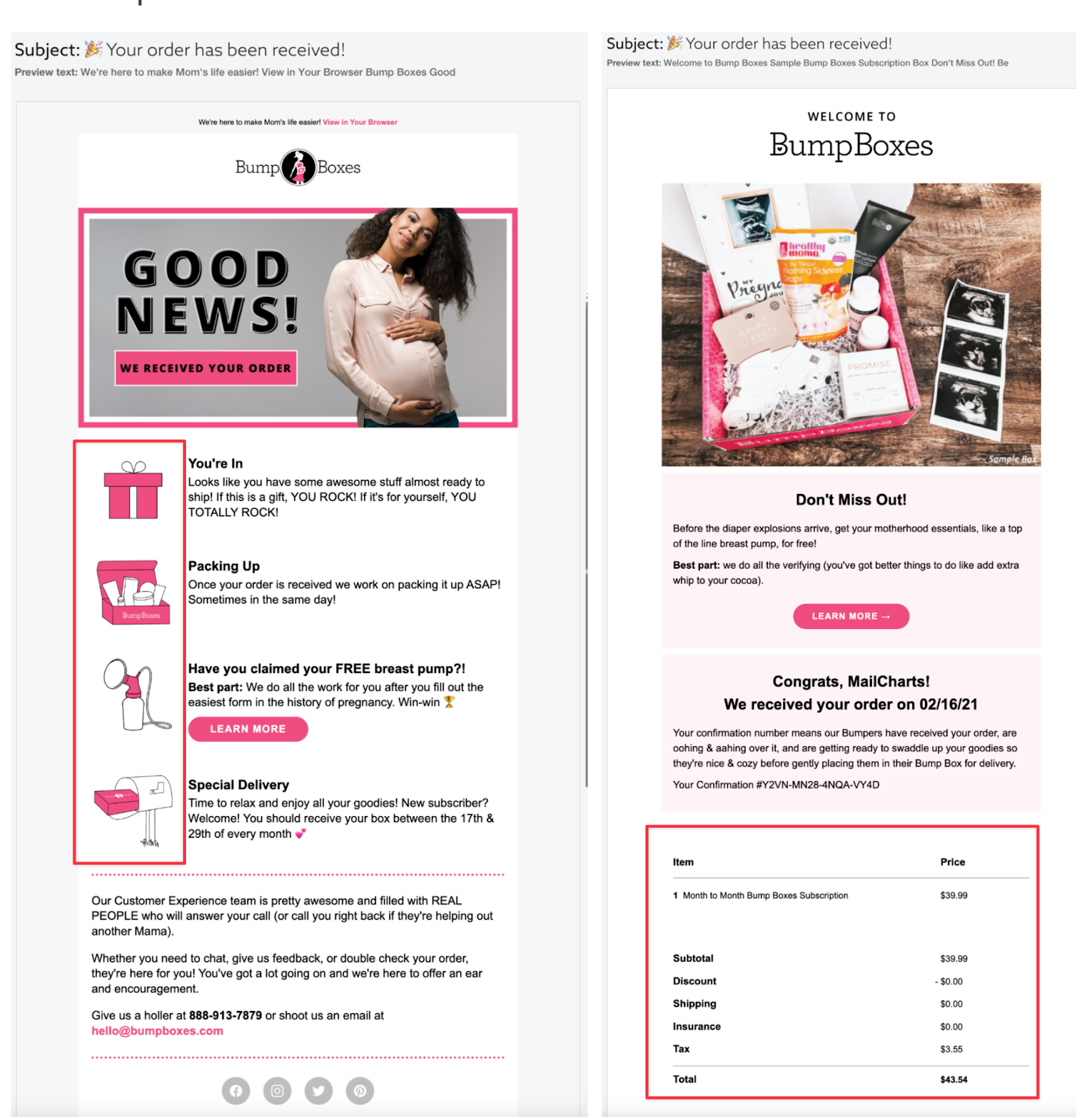 order confirmation bump boxes screenshot