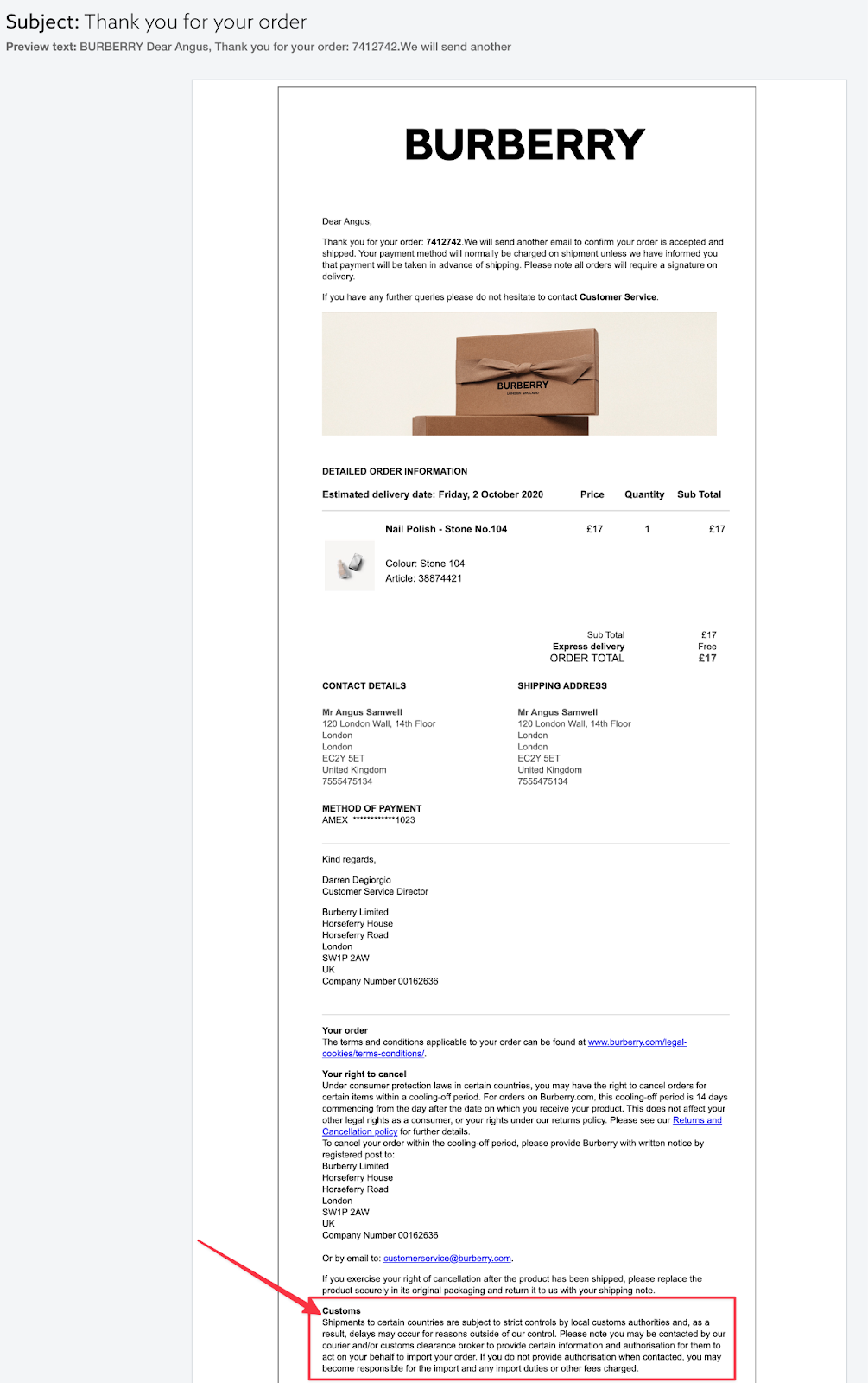 order confirmation burberry screenshot