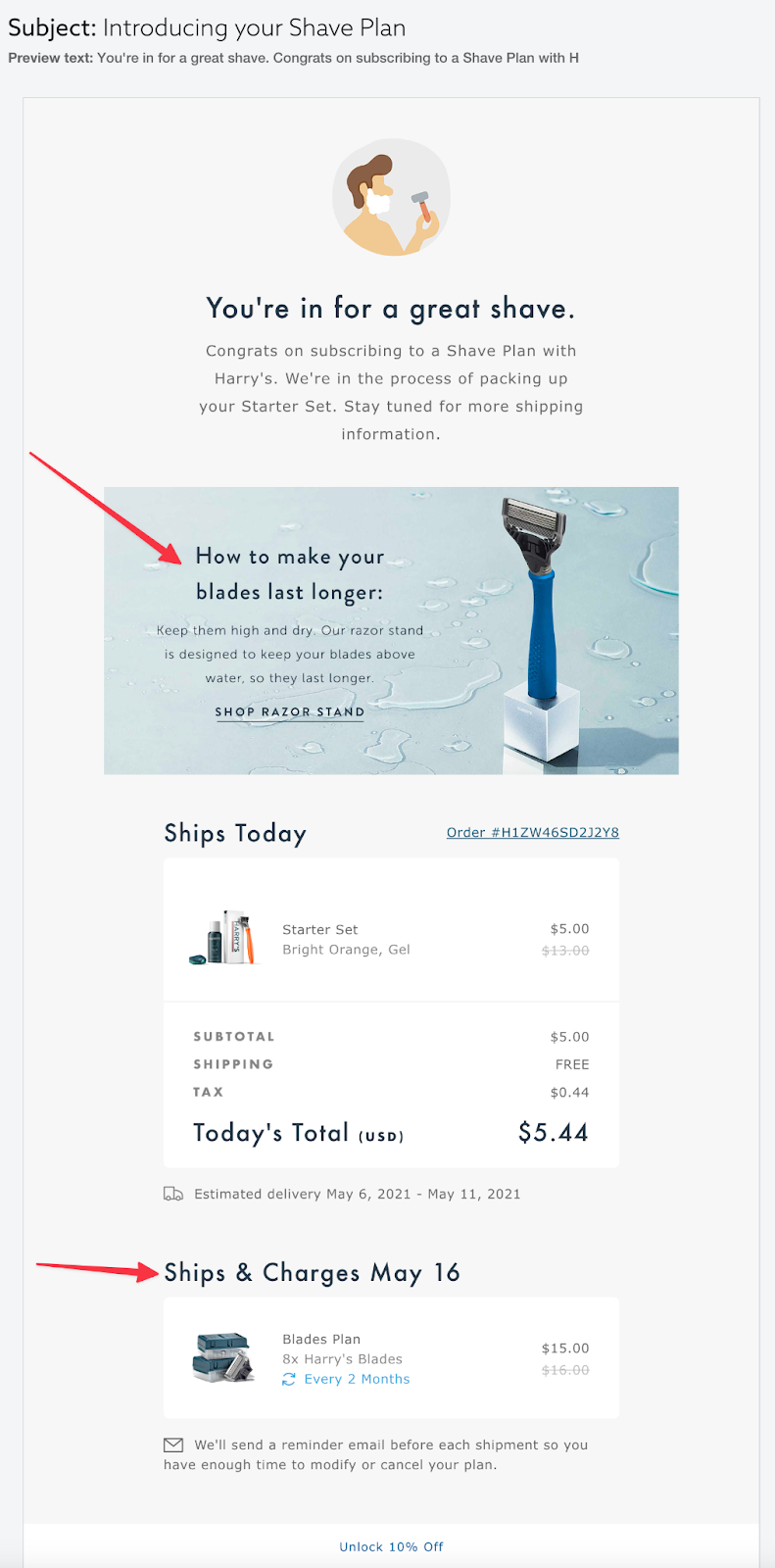 order confirmation email harrys screenshot