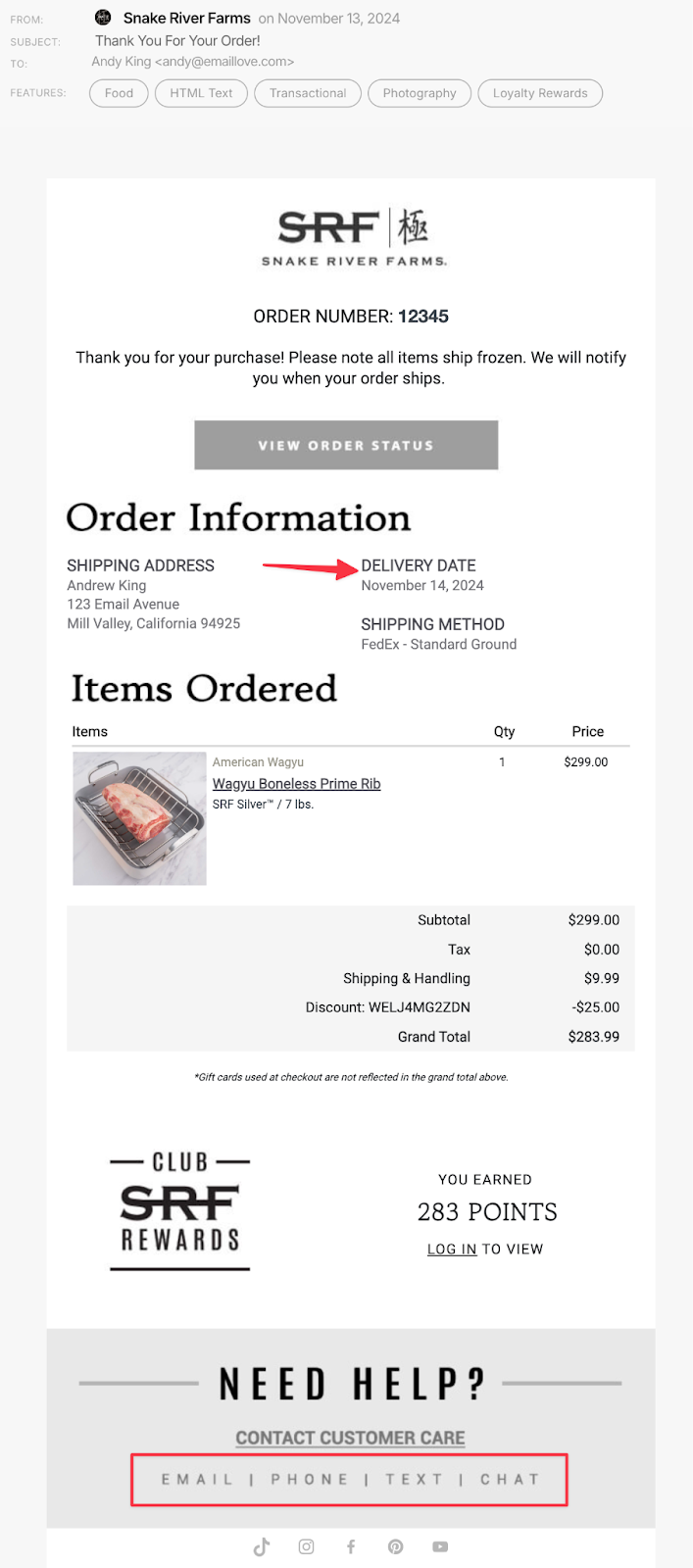 order confirmation snake river farms screenshot