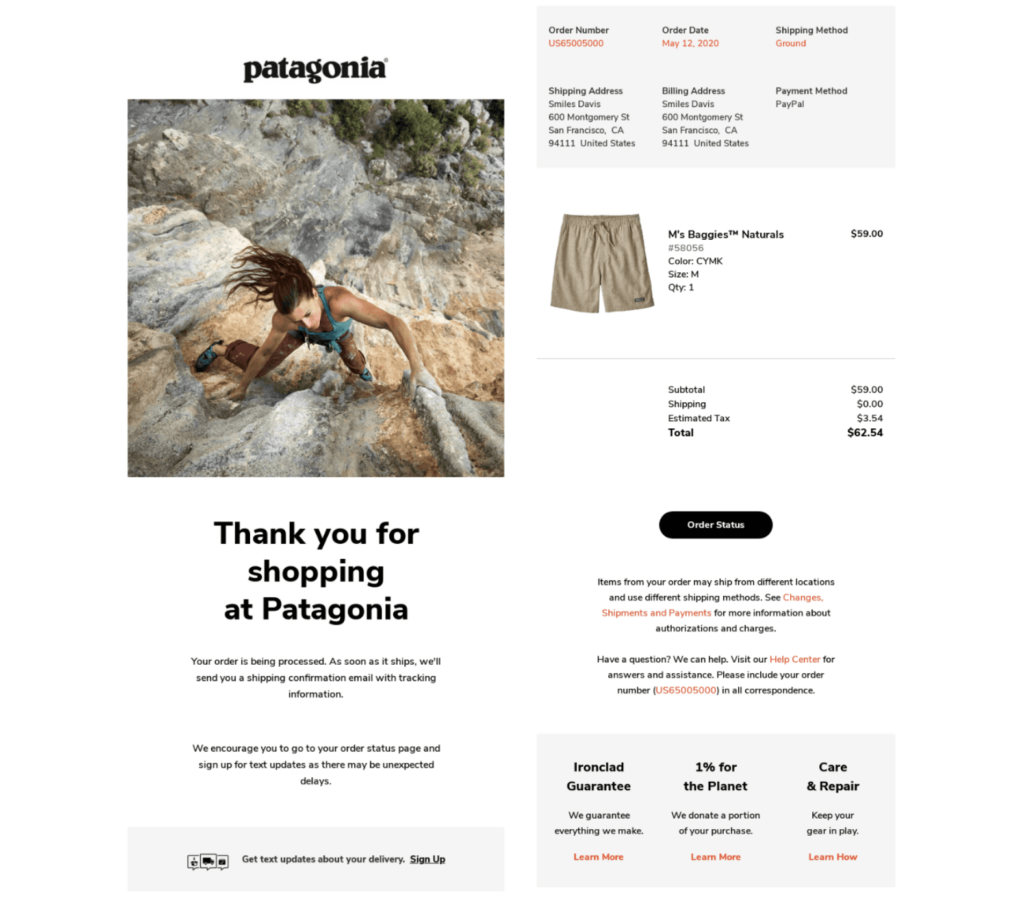 patagonia confirmation page