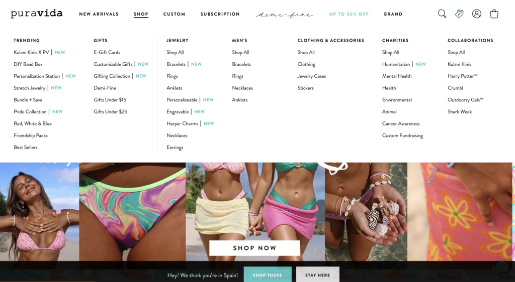 ecommerce customer experience pura vida shop features screenshot