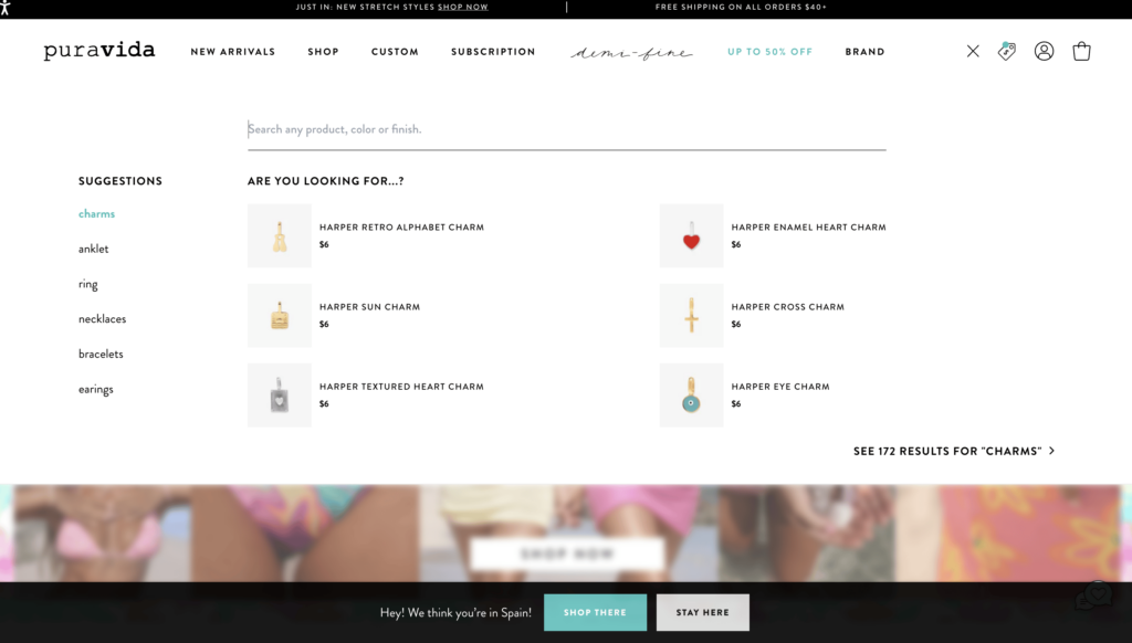 ecommerce customer experience pura vida search suggestions features screenshot