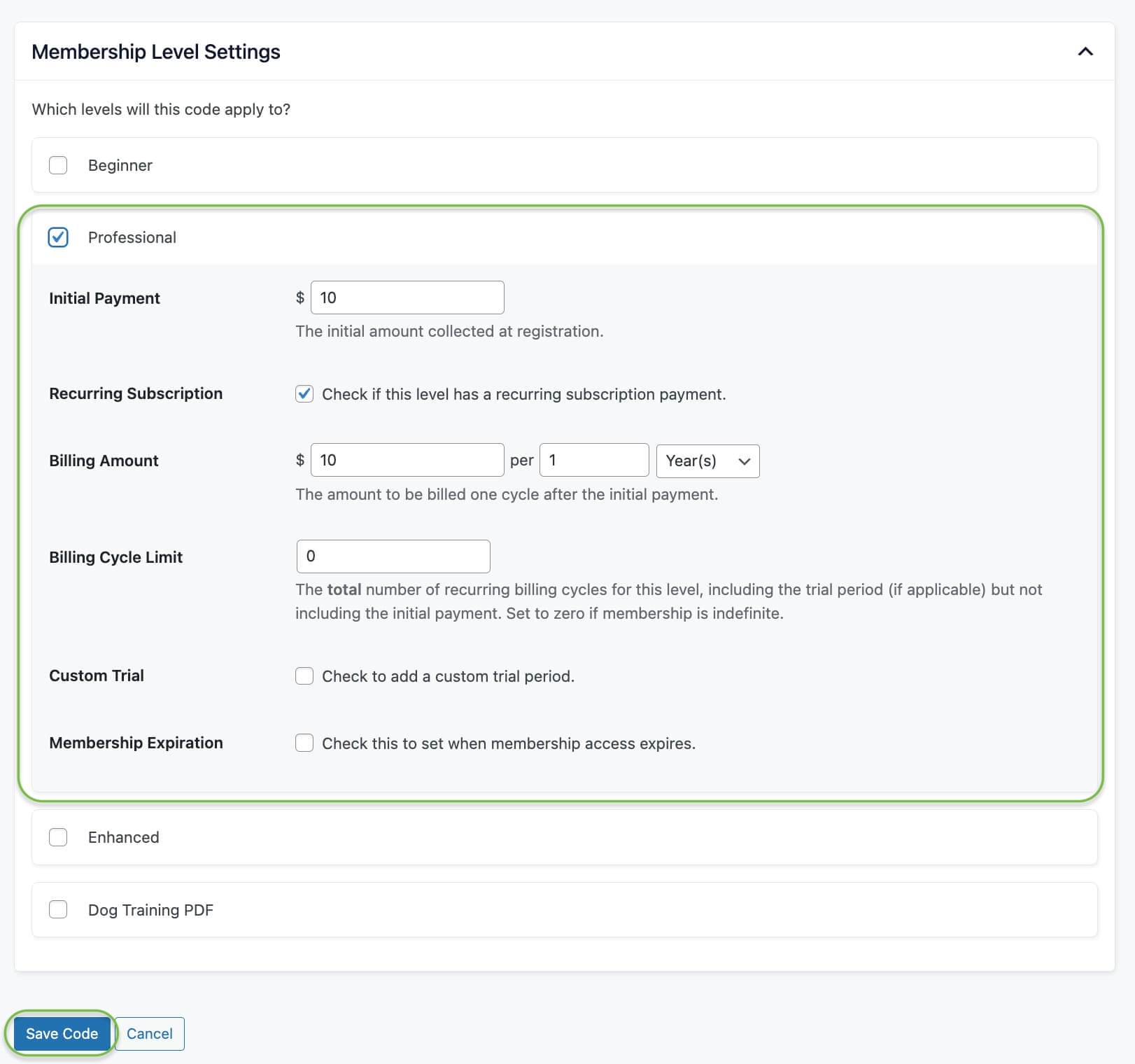 paid memberships pro levels settings