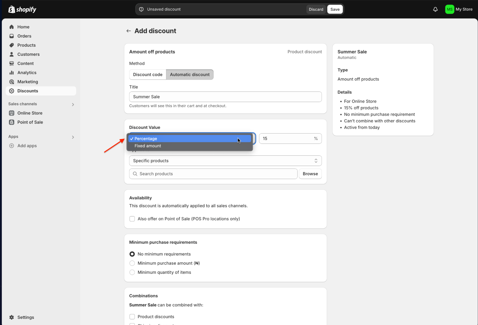 shopify discount value percentage picker