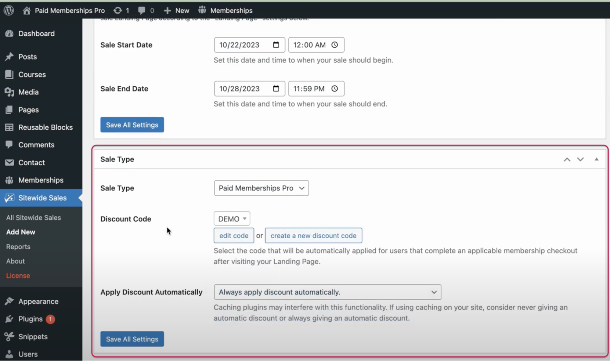 sitewide sales sale type settings