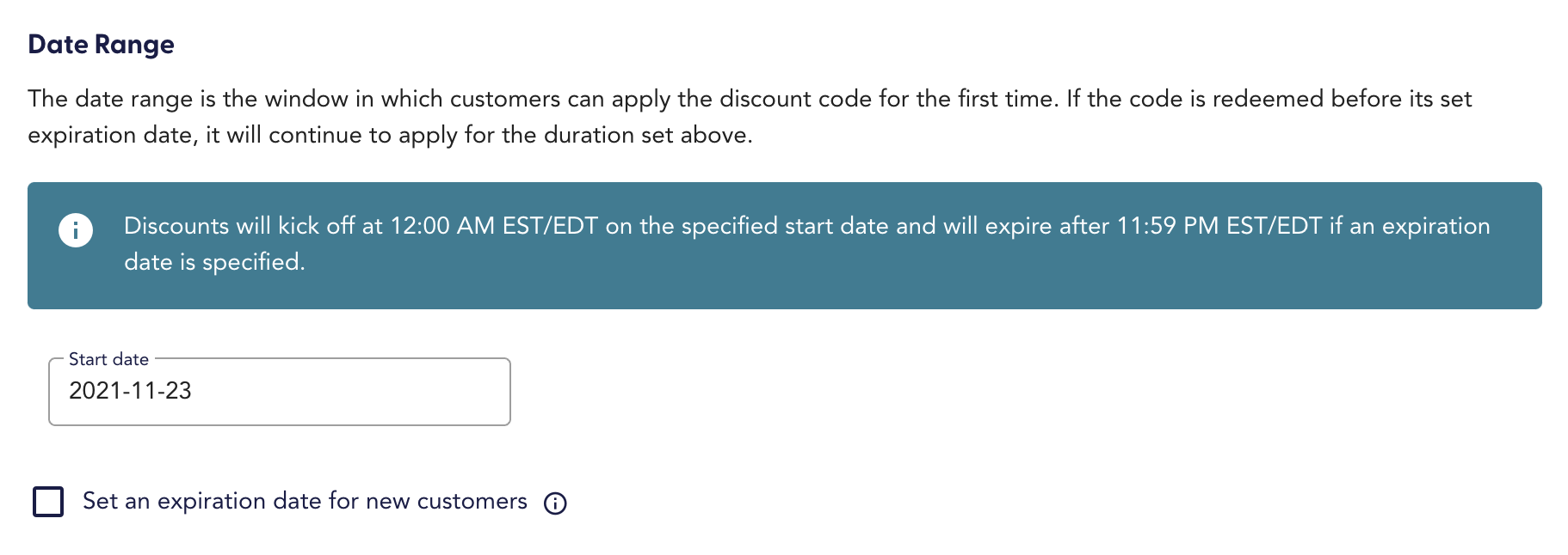 recharge discount date range setting