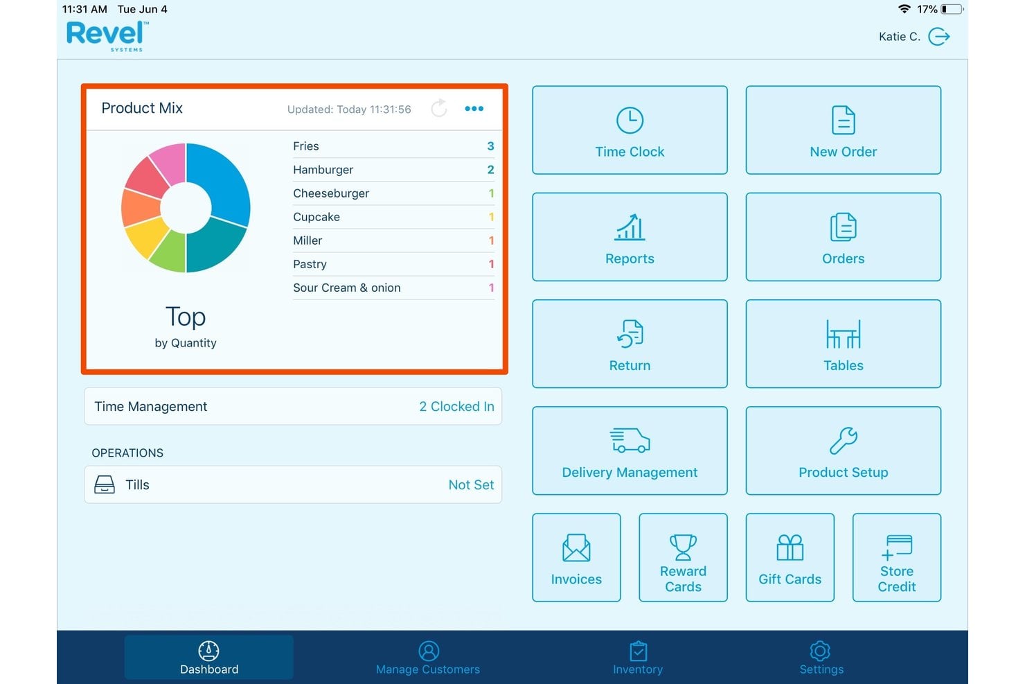 Revel Systems houdt op het dashboard de bestverkopende producten op basis van aantallen bij. Revel Systems POS-dashboard met een grafiek van de productmix en navigatieknoppen.